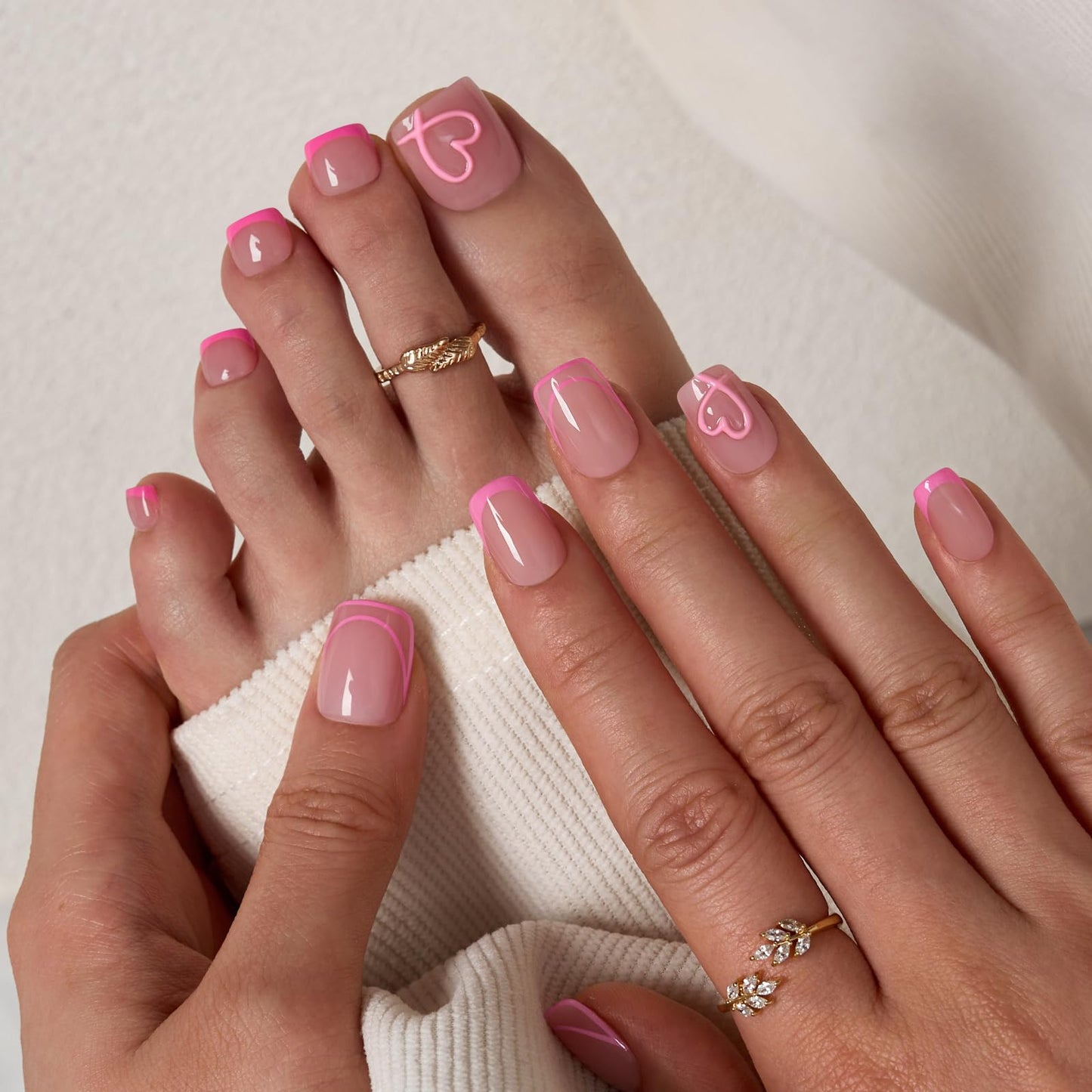 BTArtbox Press On Toenails - Soft Romance, Lamp-Curable 4-Week Wear Hot Pink French Tip Square Toe Nail Press Ons with Glue and Adhesive Tabs, Easy-to-Apply in 15 Sizes - 30 Toenails All-in-One Kit
