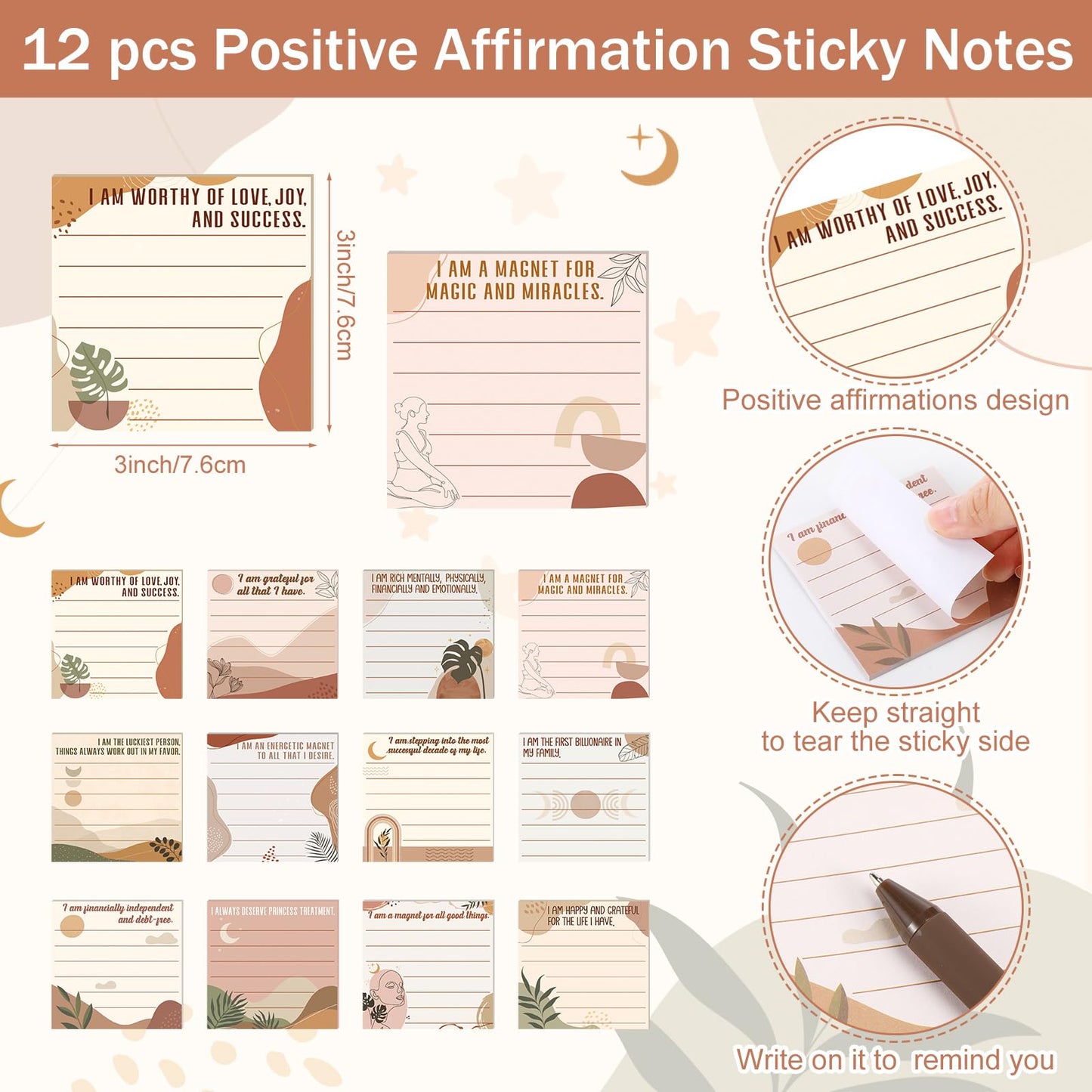 Funrous 36 Pcs Positive Affirmation Gift for Women Bulk Inspirational Sticky Notes with Pens Bags Mothers Day Gifts for Coworkers Employee Teacher Nurse Staff Home Office Gifts Supplies (Boho)