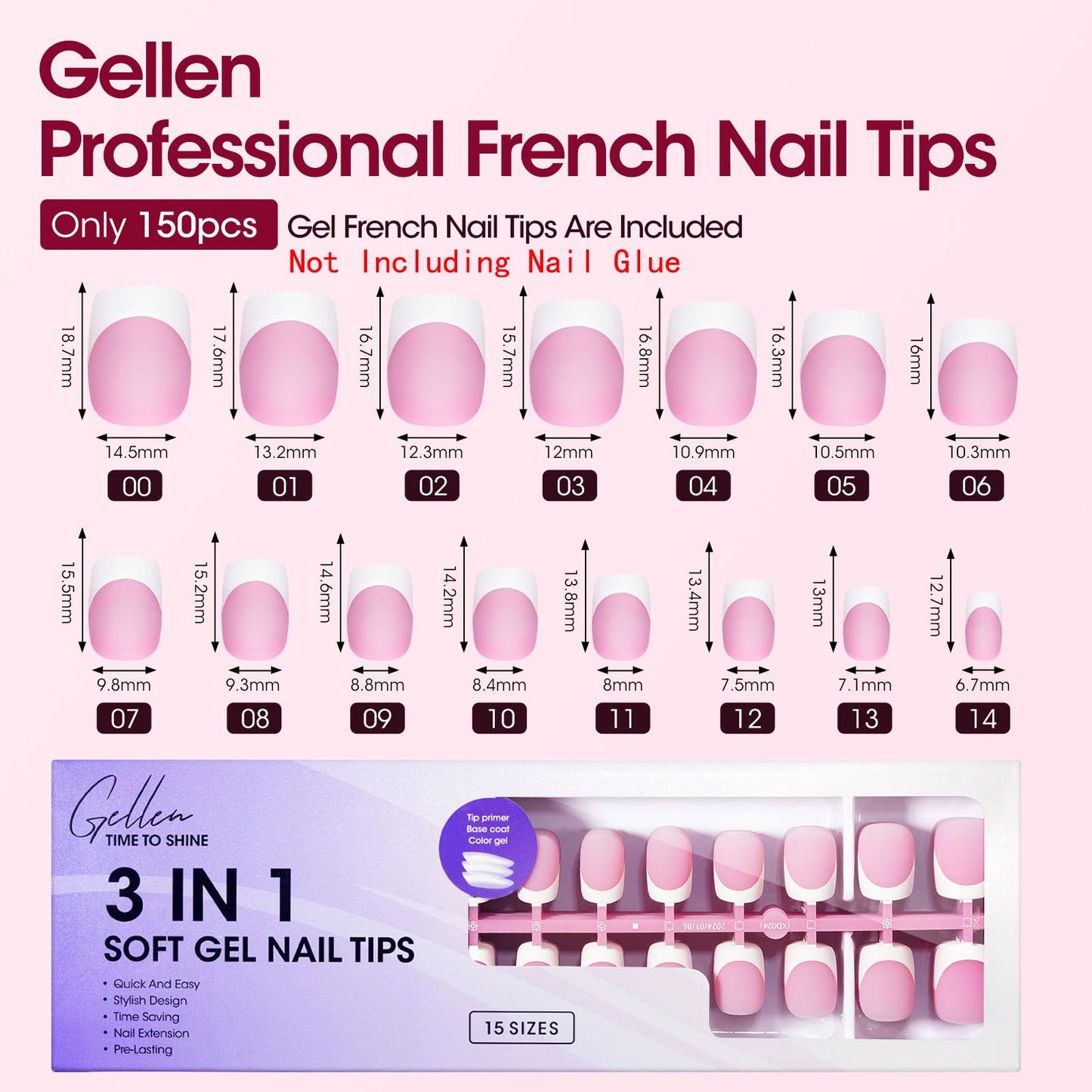 Gellen Gel Nails Tips - 330 pcs Pink French Tip Press on Nails, Short Square Gel Nail Tips Soft, 3 in 1 Pre-lasting Fake Nail No Need to File, Soft Fake Nail Tip for Nail Art