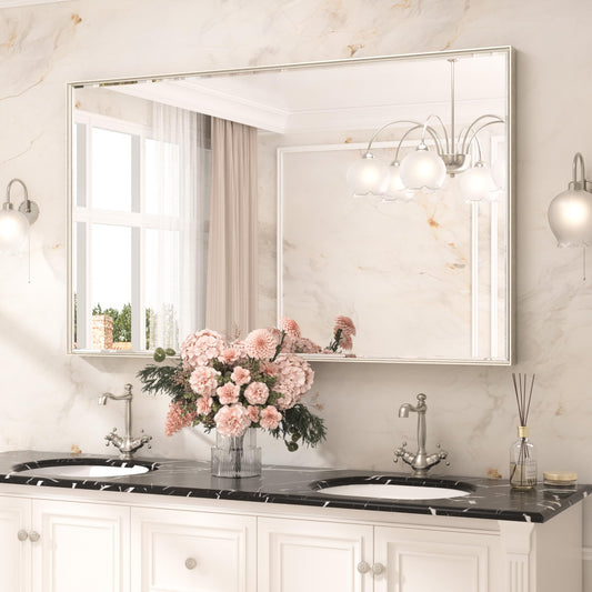 TETOTE 60 x 36 Inch Brushed Nickel Bathroom Mirror Beveled Frame Vanity Mirror, Tempered Glass, Shatterproof, for Modern Bedroom, Entryway, Living Room