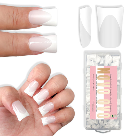 NOVO OVO Short Duck Nail Tips French Tip Press On Milky White, Pre-designed Soft Gel Nail Extension, Need Buider Gel Top Coat, No Glue included, Full Cover Acrylic False Nails for DIYx12 Sizes 360pc
