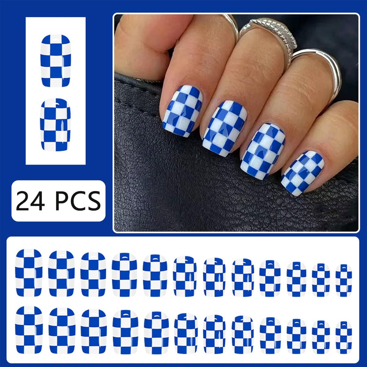 Blue and White Plaid Press on Nails Short Square Fake Nails Green Plaid False Nails Blue and White Acrylic Stick on for Women and Girls Simple and fresh Daily DIY Nails Decoration 24Pcs
