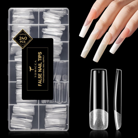 TOMICCA Extra Long Square Nail Tips, 240Pcs Pre-Shaped Half Matte Clear Full Cover False Nails 12 Sizes Gel Nail Tips for Extension Nail Home DIY