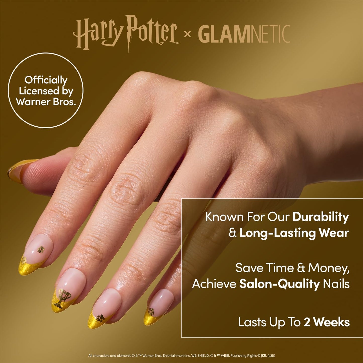 Harry Potter™ x Glamnetic Press-On Nails Bundle - Helga Hufflepuff™ & Fiery Red | Short Almond Fake Nails with Velvet Yellow French Tips & Gold Graphics, Officially Licensed | Bright Red Short Almond