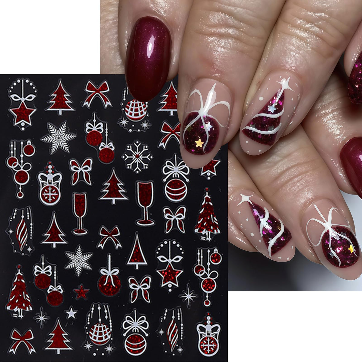 9 Sheets Glitter Christmas Nail Art Stickers Snowflake Christmas Tree Nail Decals 3D Self-Adhesive Bow Snowball Santa Claus Nail Design DIY Christmas Nail Supplies Star Elk Nail Decoration for Women