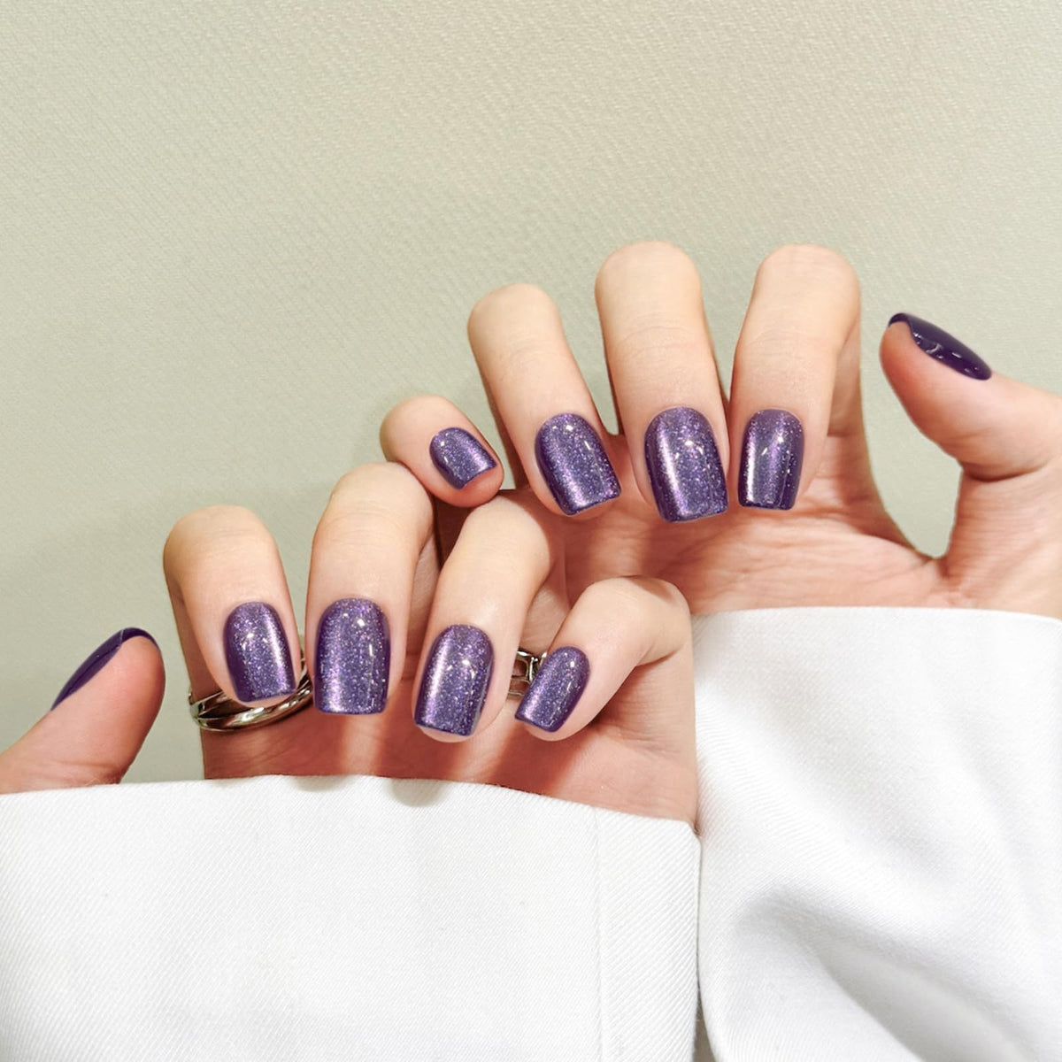 Dark Purple Cat Eyes Press On Nails,12 Sizes - 24 Pcs Soft Gel Purple Short Squoval Fake Nails Kit with Nail Glue, Natural Reusable Stick On False Nails for Women and Girls SK1060