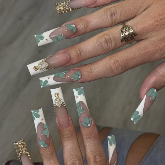 octoswave Press on Nails Long Square Fake Nails French White Artificial Nail 3D Rhinestones Stick on Nail for Women 24pcs