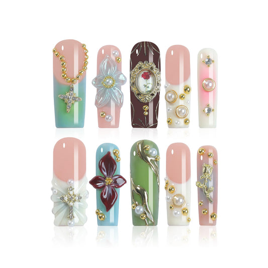 XGV Handmade Artificial Nails Press on Kit, 10pcs Medium Square Fake Nails, Floral Design, Reusable Press on Nails for Party Birthday Wedding