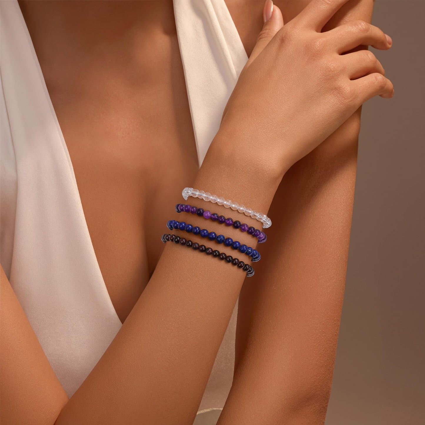 Vinswet Healing Crystal Bracelets for Women Men 4mm Amethyst Natural Stone Beaded Stretch Bracelet Handmade Gemstone Reiki Spiritual Jewelry Gifts