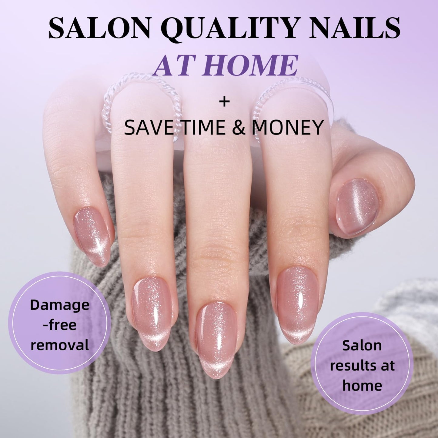 Pink Cat Eye Press On Nails - Short Almond Cat Eye French Tip Press On Nails Press Ons for Women Fake Nails with Glue, Glossy Reusable Glue on Nail in 16 Sizes - 32pcs