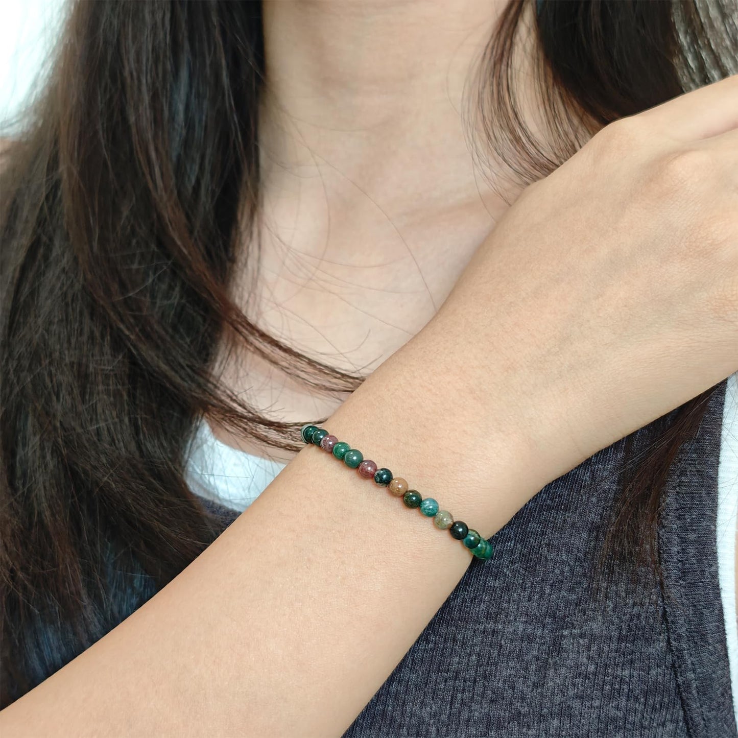 CHCCOYE 4mm Natural Healing Gemstone Bracelet Handmade Yoga Stretch Elastic Bracelet Stress Relief Crystal Jewelry for Men and Women (4mm, Indian Agate)