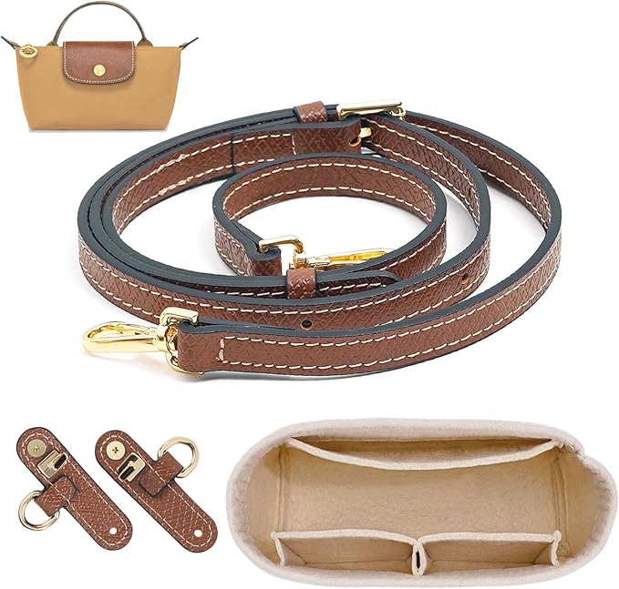 2 Kit Mini Bag Leather Shoulder Strap and Felt Purse Organizer Insert for Longchamp mini XS Bag Punch-Free Adjustable Buckle DesignÃ¯Â¼ÂBeige & StrapÃ¯Â¼Â