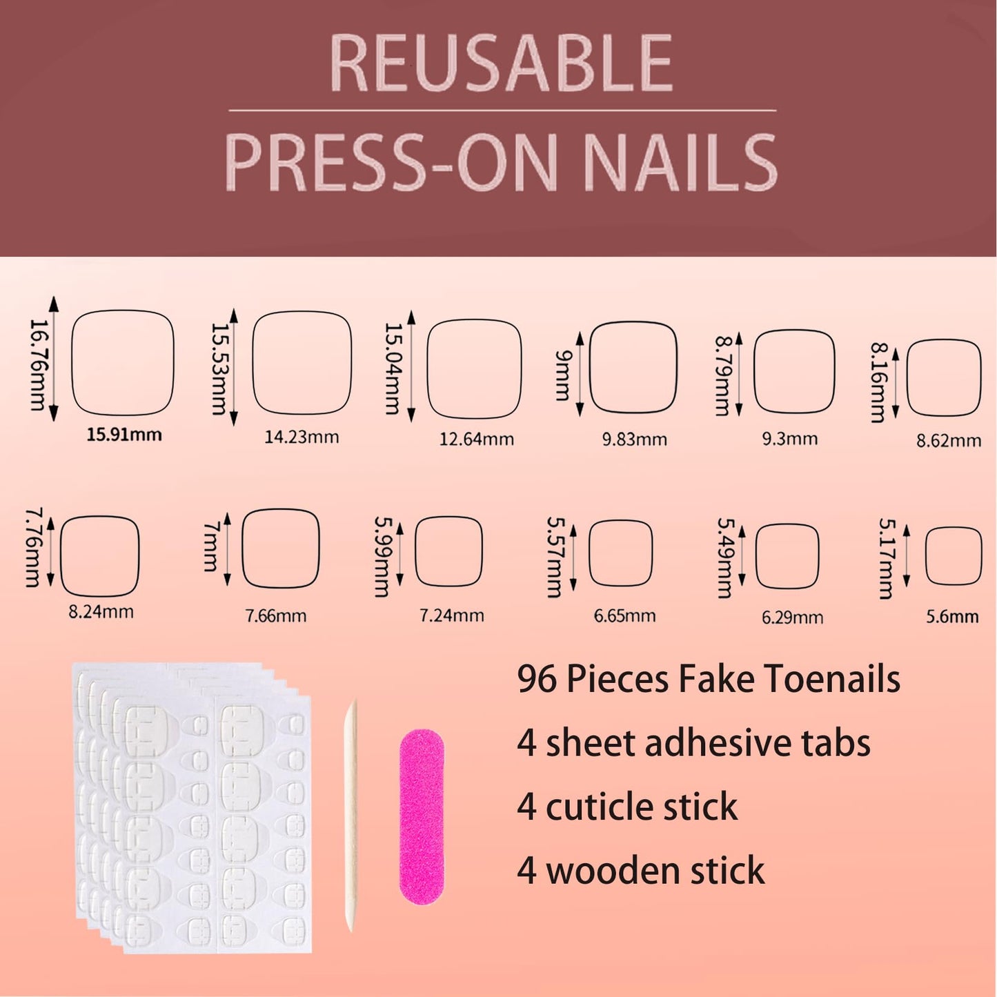 96Pcs Press on Toe Nials Short Square Fake Toe Nails White Black Pink Red Acrylic Glue on ToeNails Reusable Glossy Full Cover Stick on Tornails for Women and Gils Manicure