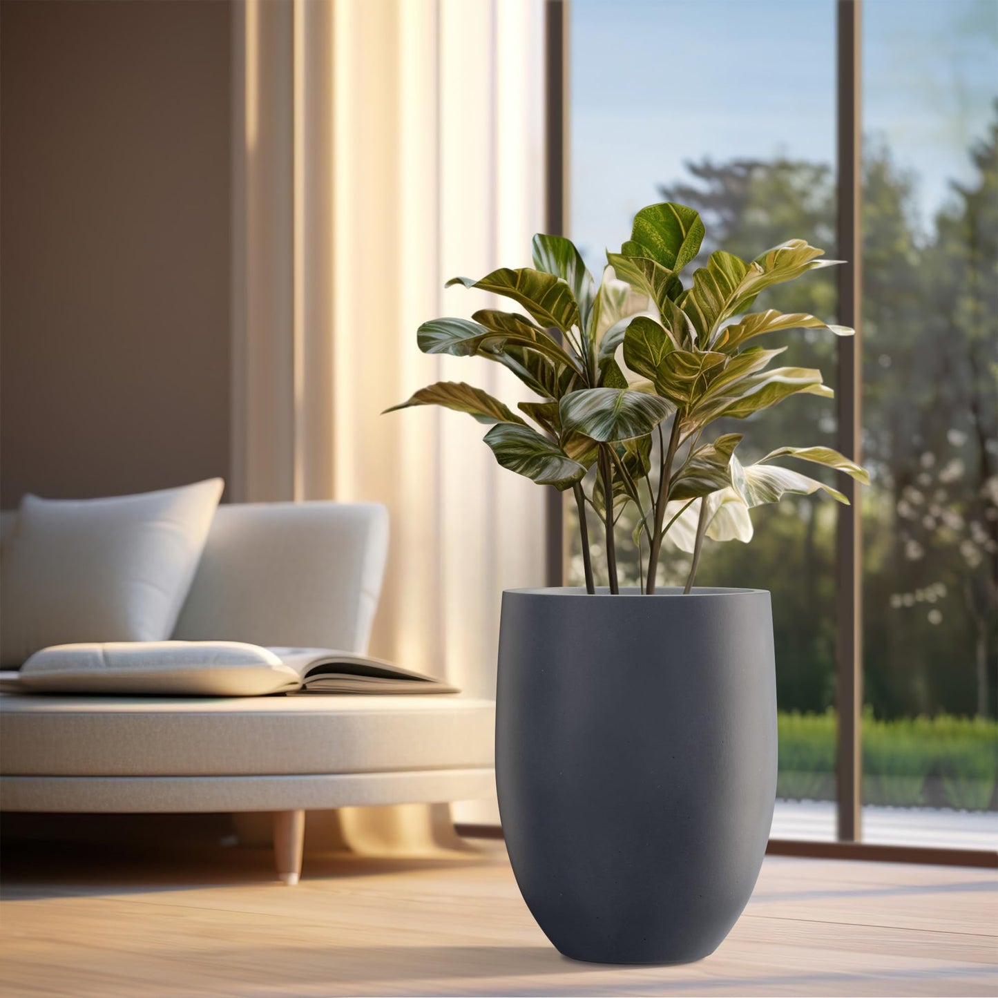 Kante 21.7" H Dark Gray Concrete Tall Planter, Large Outdoor Indoor Decorative Pot with Drainage Hole and Rubber Plug, Modern Round Style for Home and Garden