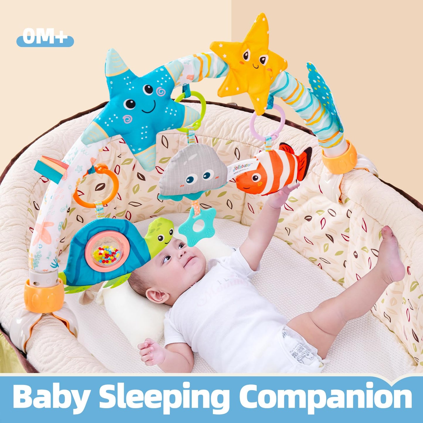 Baby Stroller Arch Toy for Infant & Toddler 0-6 Months, Musical Travel Car Seat Toys W/ Teether, Adjustable Mobile Arm for Crib, Bassinet, Pram, Bjorn Bounce Bar Activity Hanging Accessory 6-12(Sea)