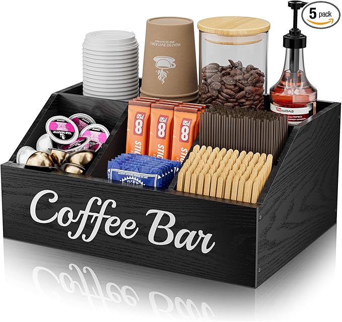 Coffee Station Organizer for Countertop â Wooden Coffee Bar Organizer with Adjustable Dividers,Holds K Cup Pod & syrup bottles, for Kitchen, Office, or Bar and Tea Station, Black