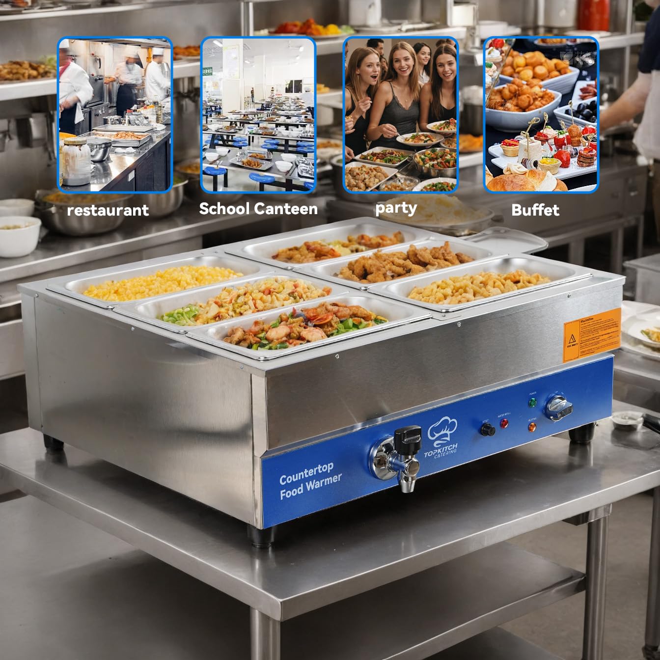 TOPKITCH 6 Pan Commercial Food Warmer, Electric Bain Marie Countertop Stainless Steel Buffet Steam Table for Catering and Restaurants(6×1/3 GN Pan,120V/1700W)