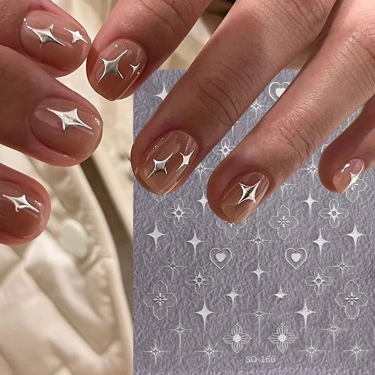 6 Sheets Gold Star Nail Sticker, Retro Design,3D Self-Adhesive Nail Decals Silver/Pink Gold Hollow Cross Star Heart Glitter Designer Nail Supplies Elegant Luxury Manicure Sticker DIY for Women Girls