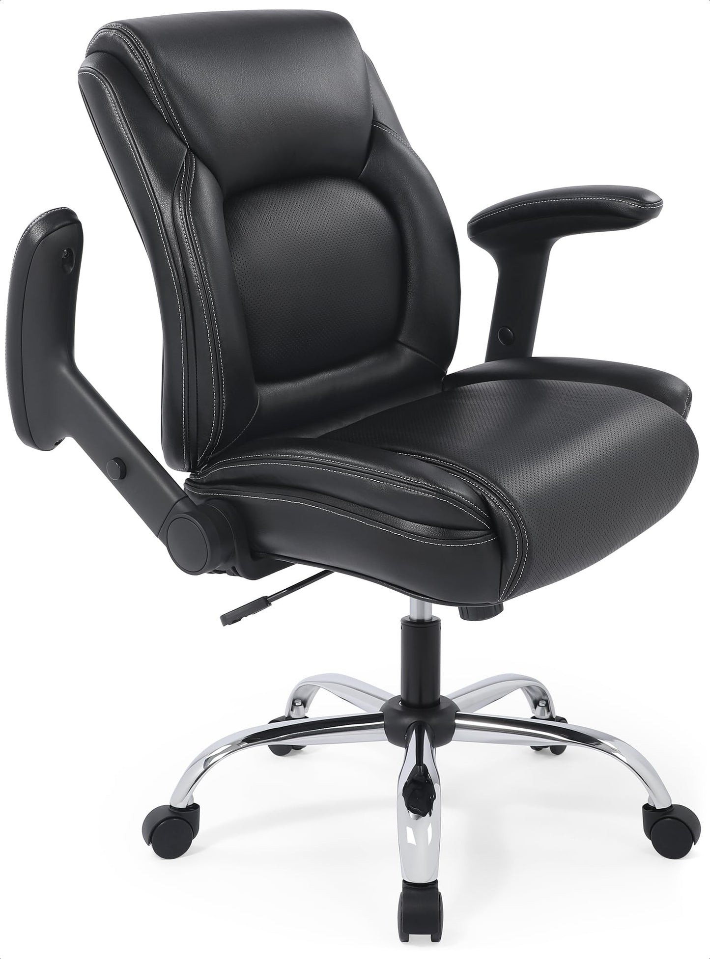 Ergonomic Heavy Duty Mid-Back Padded Bonded Leather Padded Adjustable-Height/Tilt Office Chair, Comfortable Swivel Computer Desk Task Office Stool with Functional Arms, Design for Sedentariness, Black