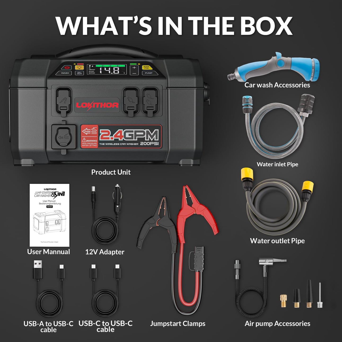 LOKITHOR JA301 2000Amp Jump Starter with 150PSI Air Compressor and AW401 2500Amp Jump Starter with 200PSI Car Washer