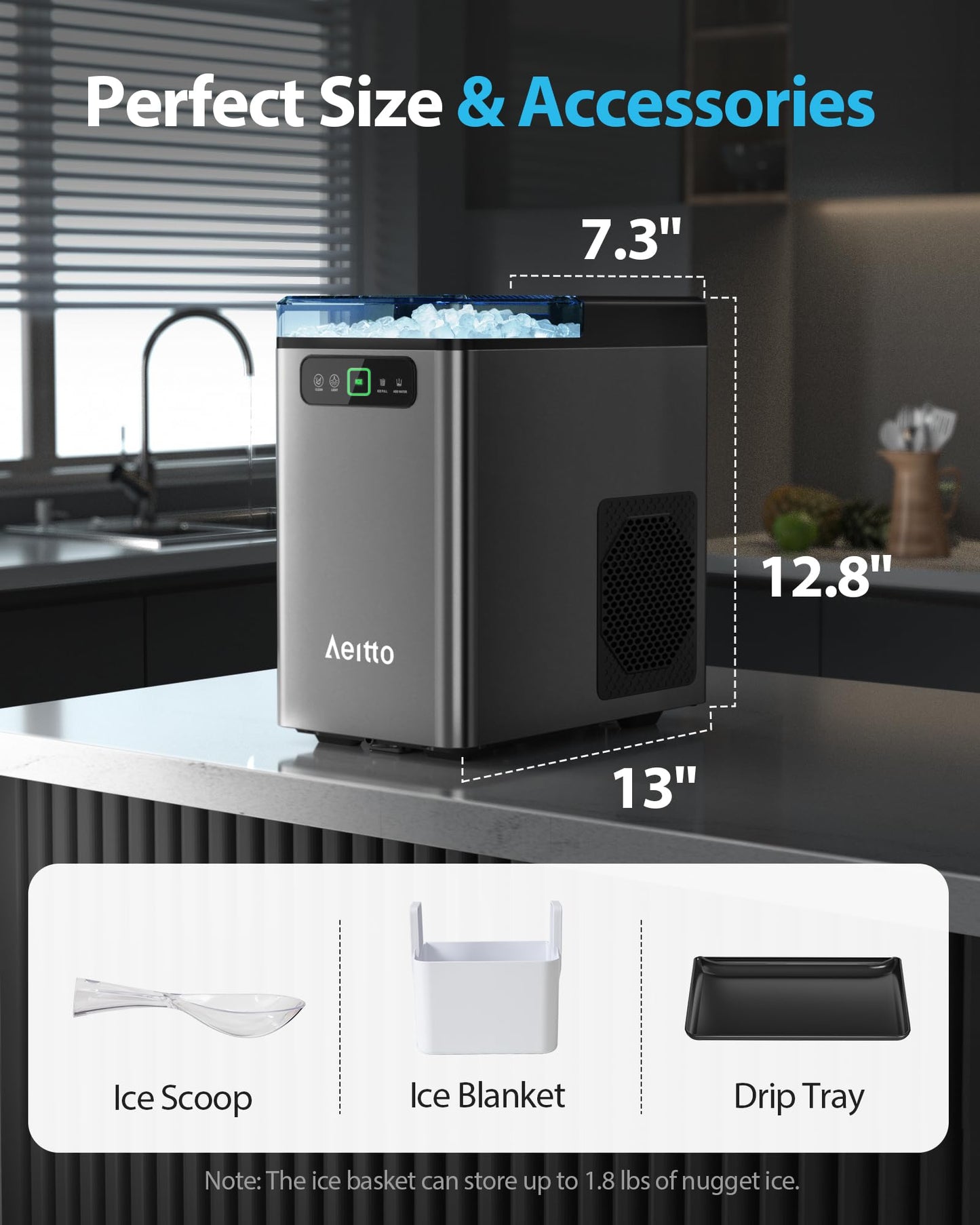Aeitto Nugget Ice Maker Countertop, Pellet Ice Machine Soft Chewable Ice 36lbs/Day, One-Click Operation, Auto Self-Cleaning Crushed Ice Makers Stainless with Scoop for Home/Kitchen/Office (Brown)