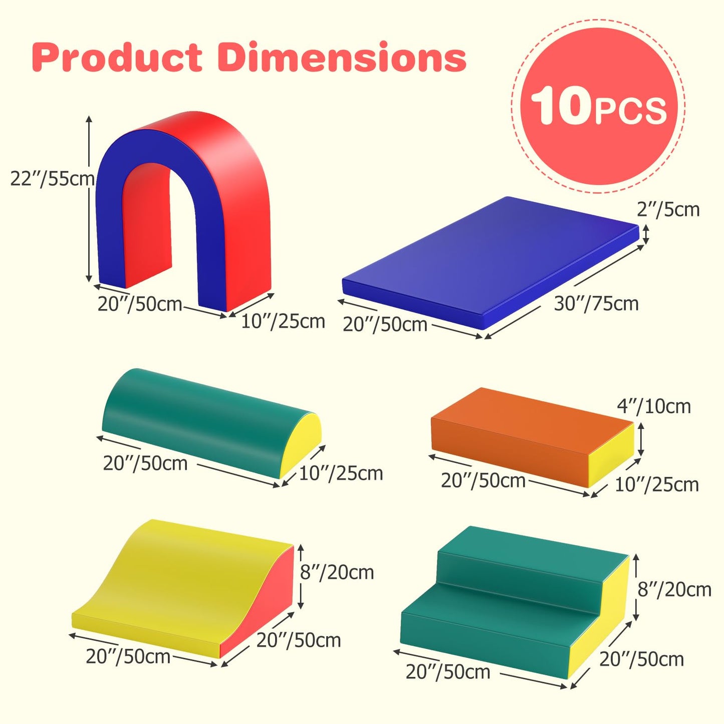 Olakids Toddler Climbing Toys Indoor, 10 Pieces Baby Foam Blocks Soft Play Set with PU Leather, Kids Climb Crawling Activity Gym Playground for 1+ Years (Red)