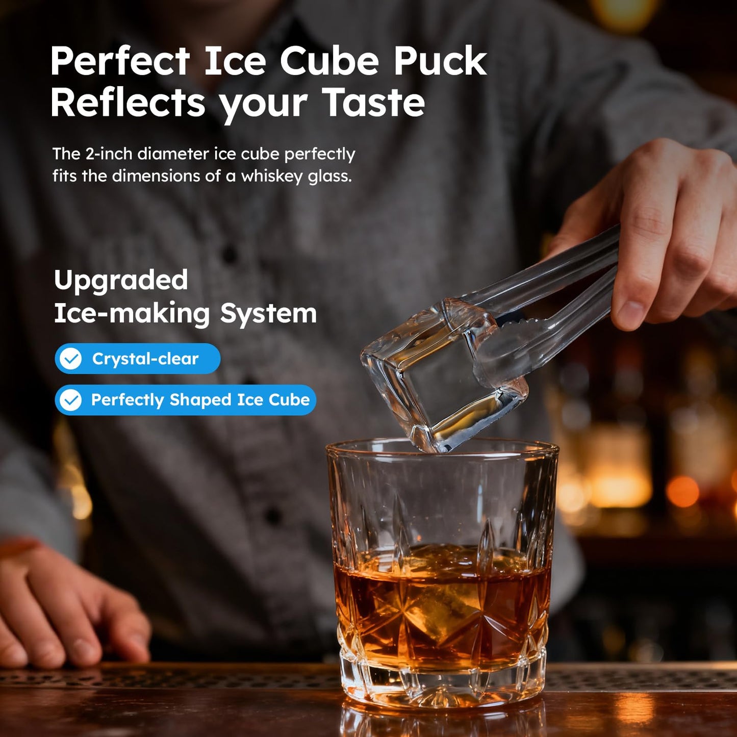1.6'' Clear Ice Square Maker Machine,200 PCS/Day,Ice Cube Maker with Automatic Cleaning,Crystal-Clear & Slow-Melting Ice Spheres for Cocktails & Whiskey