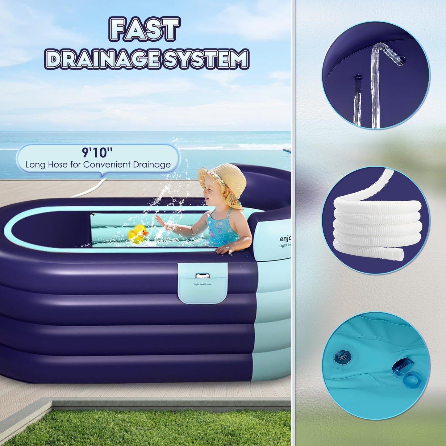 Hapyvergo Inflatable Bathtub Adult 63'' Portable Blow Up Bath Tubs with Cordless Air Pump, Ideal for Hot Ice Bath, Quick Drain Design with 9'10'' Long Hose, Phone Pocket, Water Cushion (Blue)