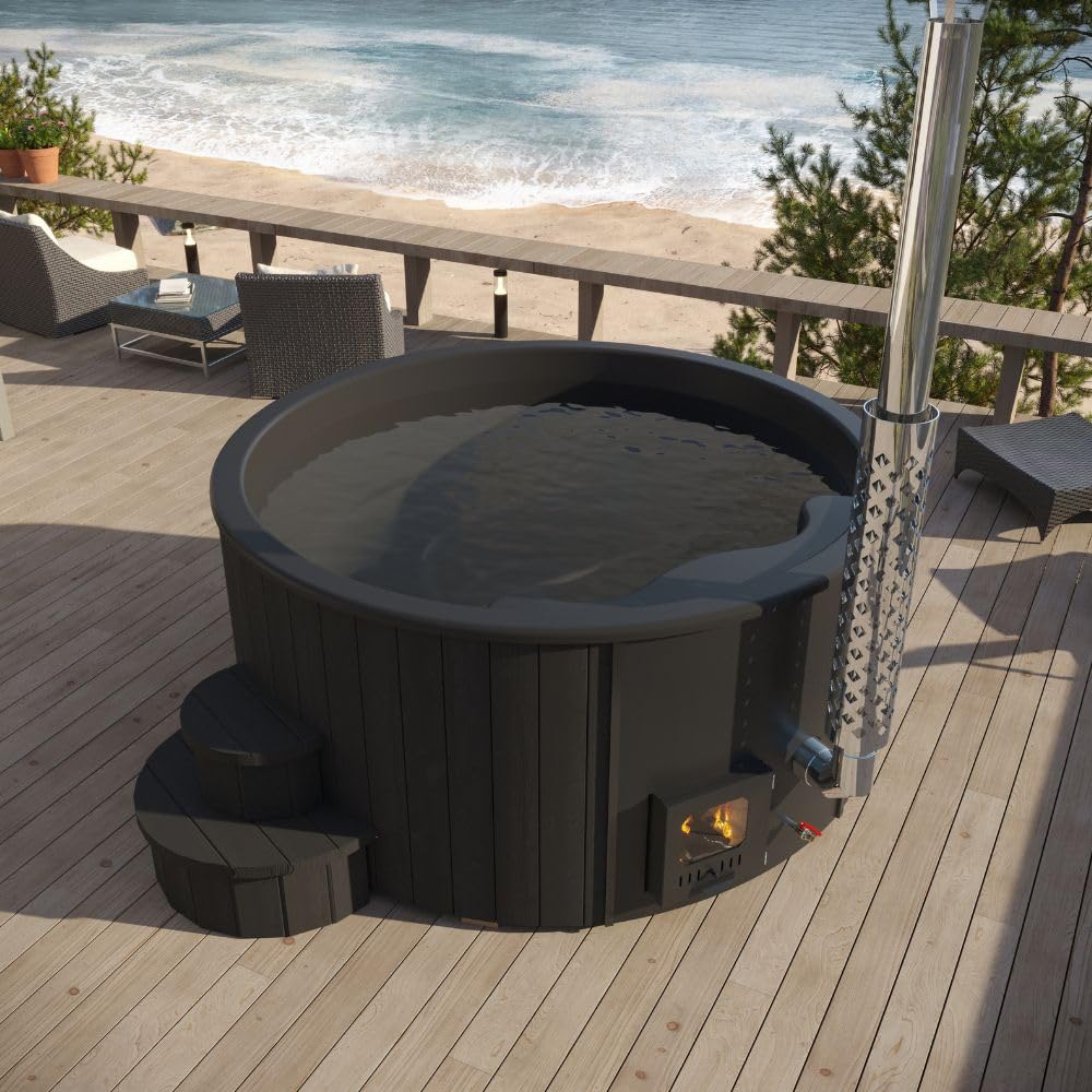 SaunaLife Model S4B Wood-Fired Hot Tub Soak-Series Home Wood-Burning Hot Tub, Black, Up to 6 Persons