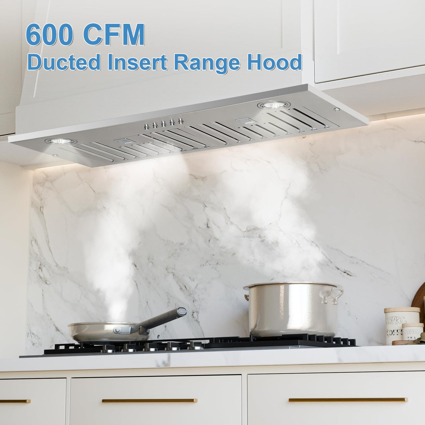 HomeBeyond 28-inch Insert/Built-in Range Hood 600 CFM Stainless Steel Kitchen Chimney Vent 1 Blower 3 Speed Button Control with LED Lights