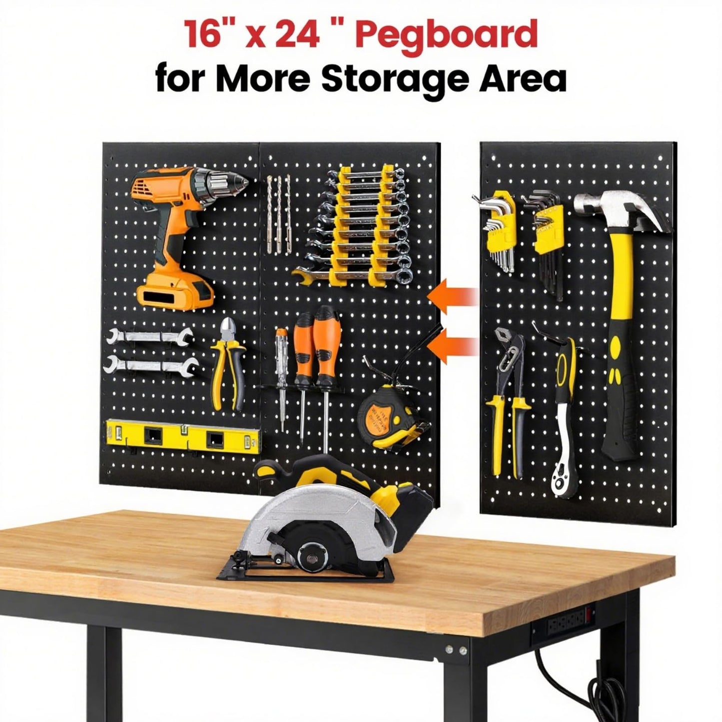 ENJOYWOOD 48" x 20" Heavy Duty Workbench Adjustable Height Garage Work Table with Solid Rubberwood Top, Double Layer Shelf, Pegboard & Power Outlets for Workshop, Home & Office