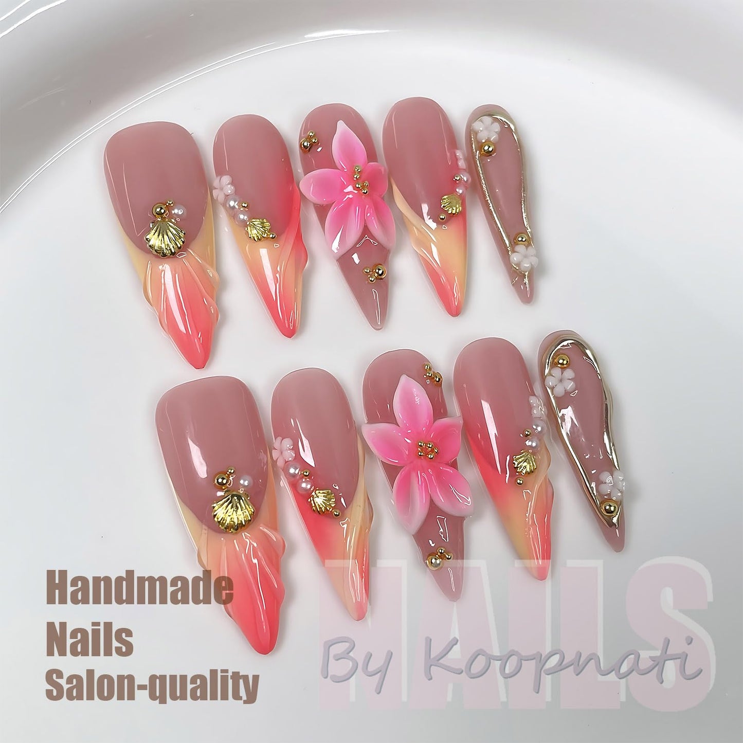 Handmade Press On Nails Almond Long Homemade Press On Nails French Tip With 3D Design Fake Nail Art For Women M