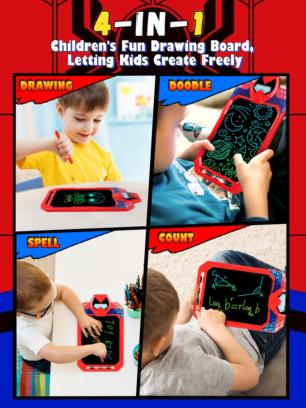 Fullware LCD Writing Tablet for Kids 10 Inch Spider Hero for Toddler 3 4 5 6 7 8 - Paint, Doodle Board, Drawing Pad - Travel Toys, Road Trip Car Activities, Birthday Christmas Gift Boys & Man