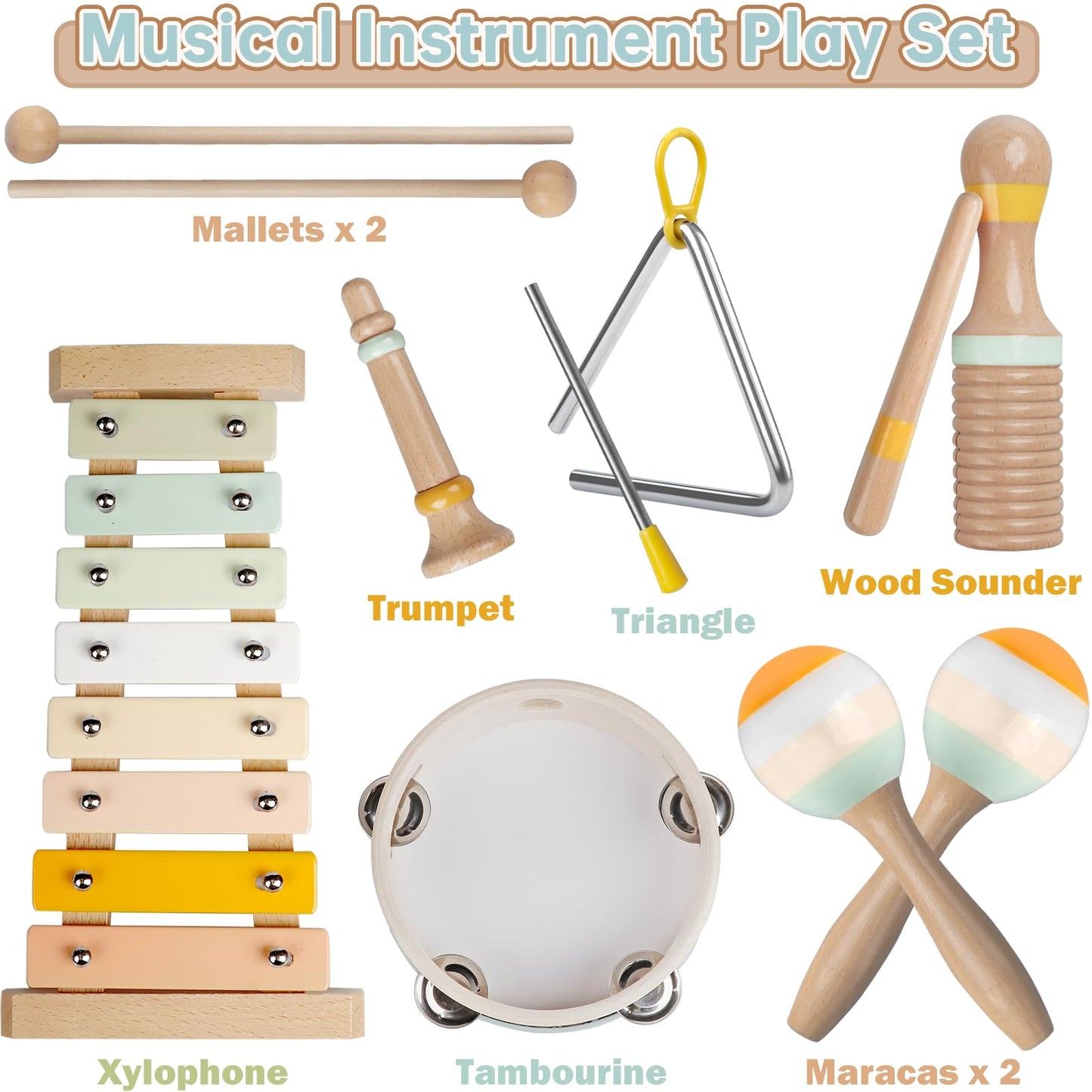 Baby Musical Instruments - Toddler Musical Toys Montessori Wooden Xylophone Maracas Tambourine Percussion Set for 1 2 3 Year Old, Kids Educational Music Learning Toys, Birthday Gifts for Boys Girls