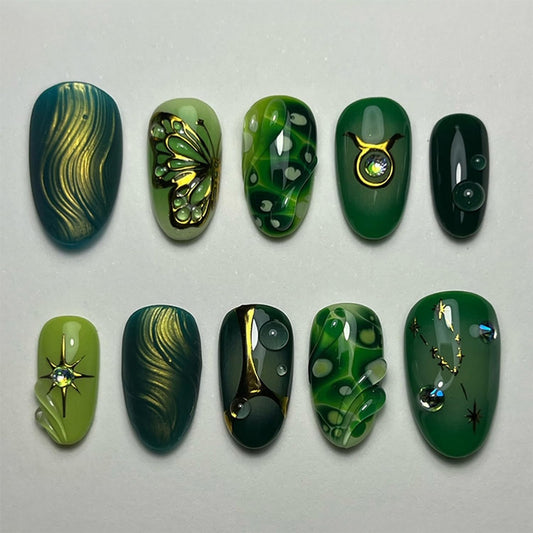 30Pcs Green Press On Nails Medium Almond Fake Nails with Gold Butterfly Star Rhinestone Design Marble Green Stick on Nails Handmade Full Cover Acrylic Nails for Women Daily Wear Manicure