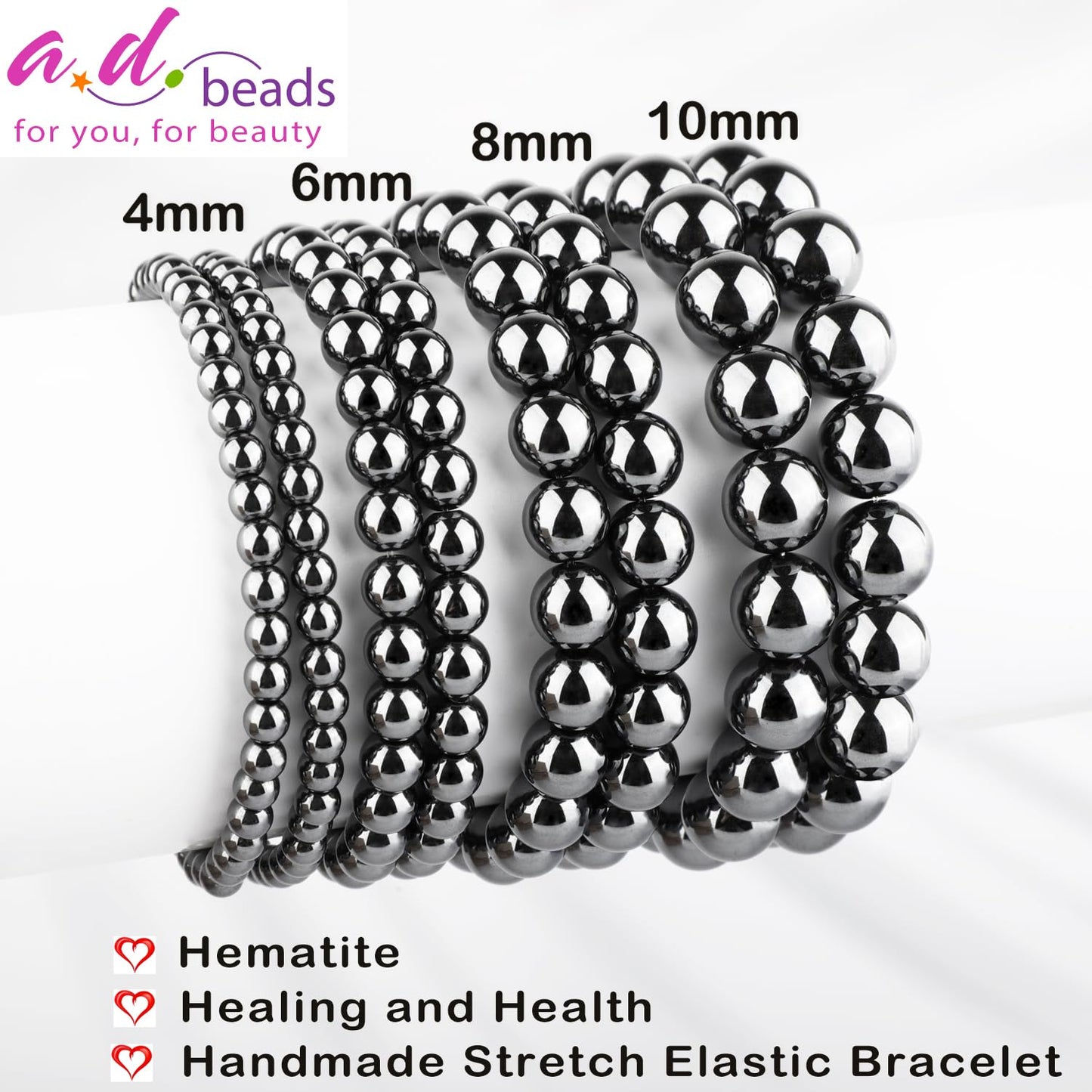 AD Beads 6mm Handmade Hematite Elastic Bracelet – Natural Gemstone for Healing and Health – Meditation, Yoga, Healing and Energy Gift for Men Women
