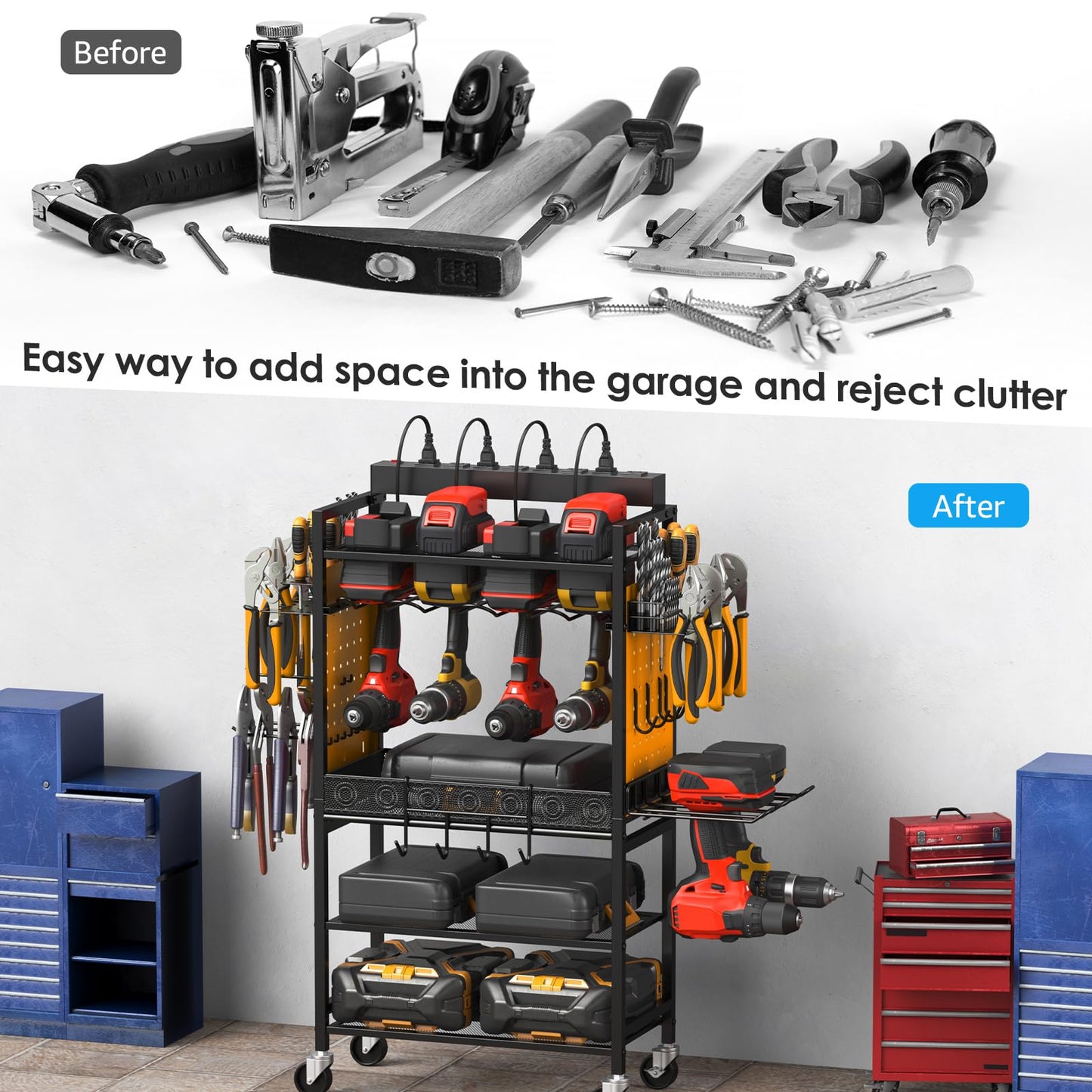 CCCEI Power Tool Organizer Cart with Charging Station, Garage Floor Rolling Storage Cart on Wheels for Mechanic, Mobile 6 Drill, Tool Box Utility Cart with Power Strip, Yellow.