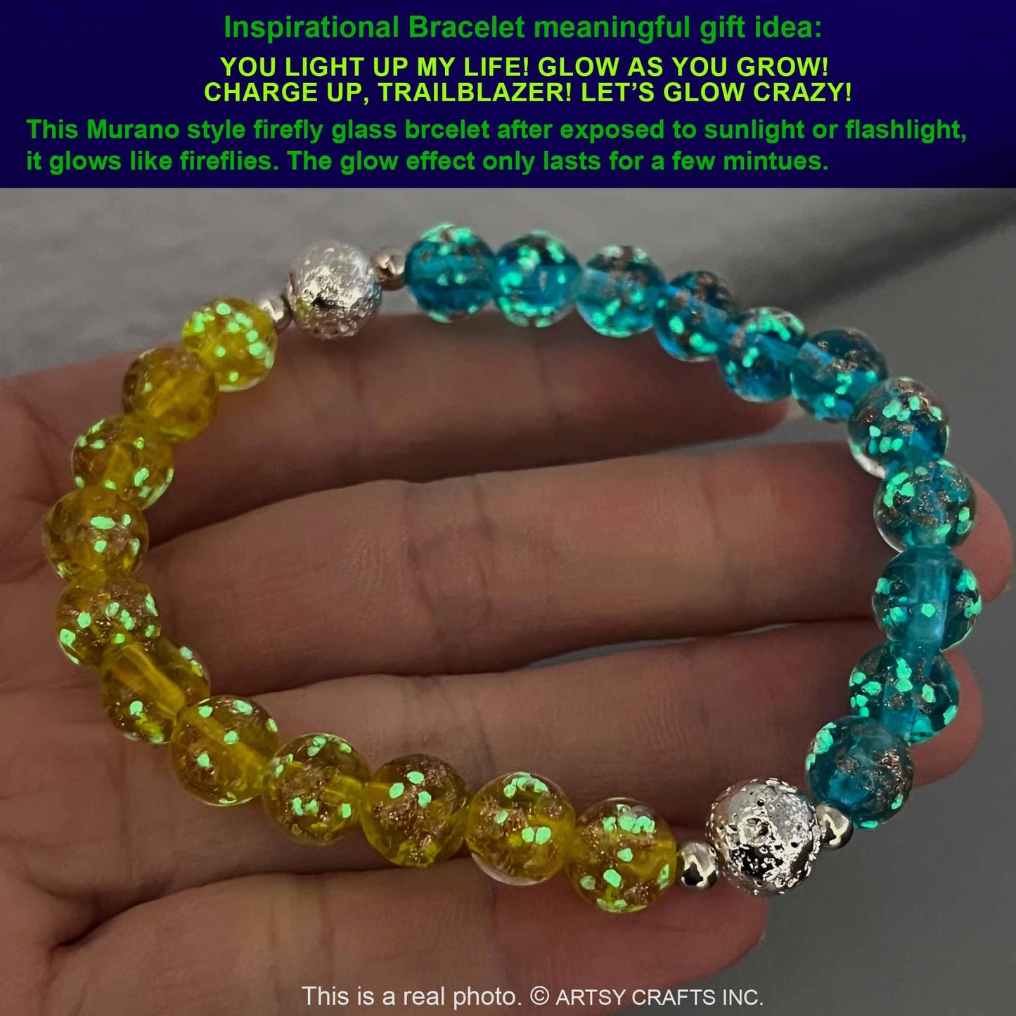 ARTSY CRAFTS INC Glow in The Dark Beads Bracelet, European Lampwork Bead Bracelet, Luminous Beads Anxiety Stress Relief Healing Crystal Chakra Bracelets Women Men (Blue and Lime)