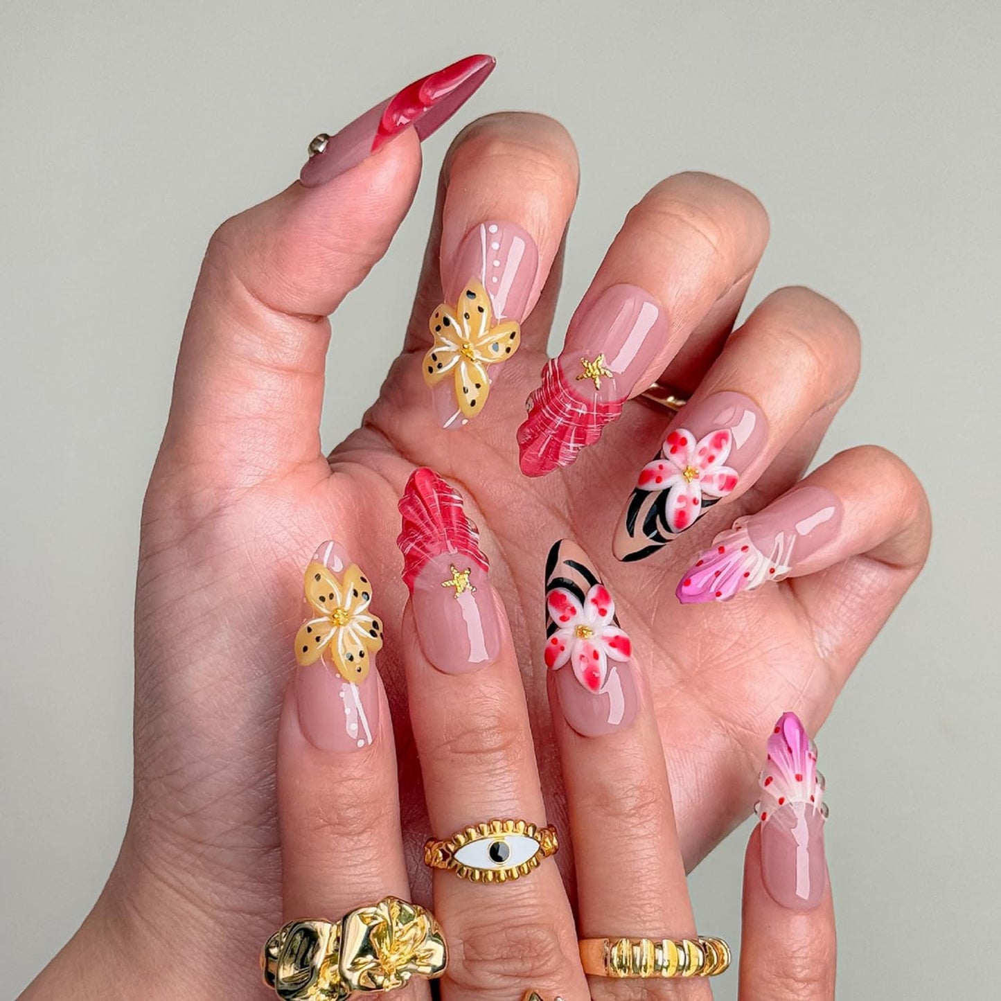 Flower Press on Nails Handmade Long Almond Muti-Layer Gel French Fake Nails 3D Waterdrop Pattern Floral Embossed Design Golden Stars and Hearts False Nails Luxury Acrylic Nail for Women (Size M)