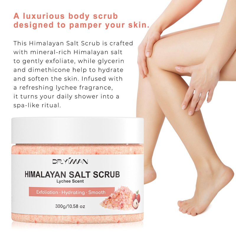 Dr.Yiman Himalayan Salt & Sugar Body Scrub, Lychee Scented Exfoliating and Moisturizing Scrub for Women – Gently Exfoliates, Hydrates and Smooths Skin for a Soft Glow, 10.58 oz