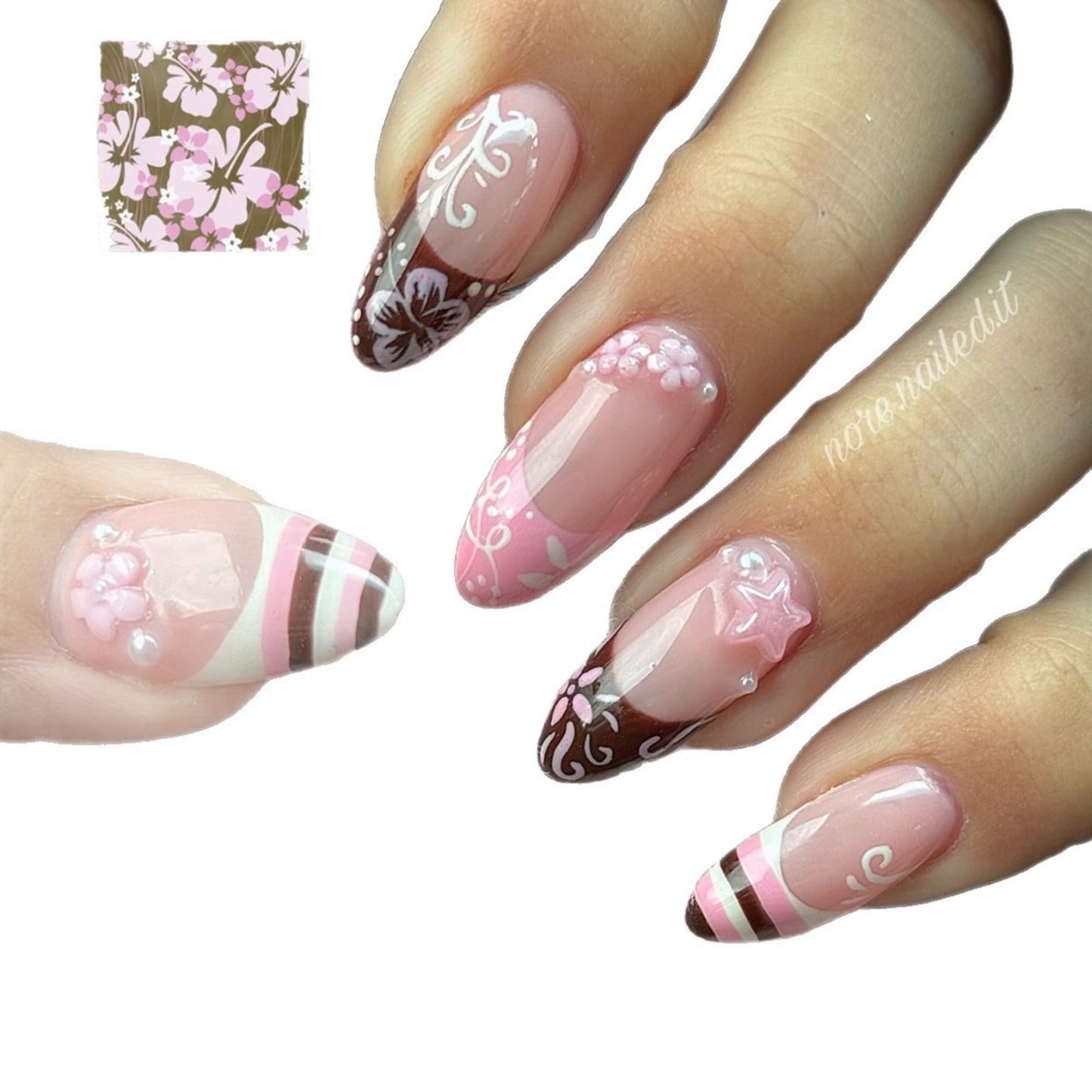 octoswave Long Almond Press on Nails 3D Floral Star Design Pink Brown Fake Nails for Women Girls Party Vacations 24Pcs