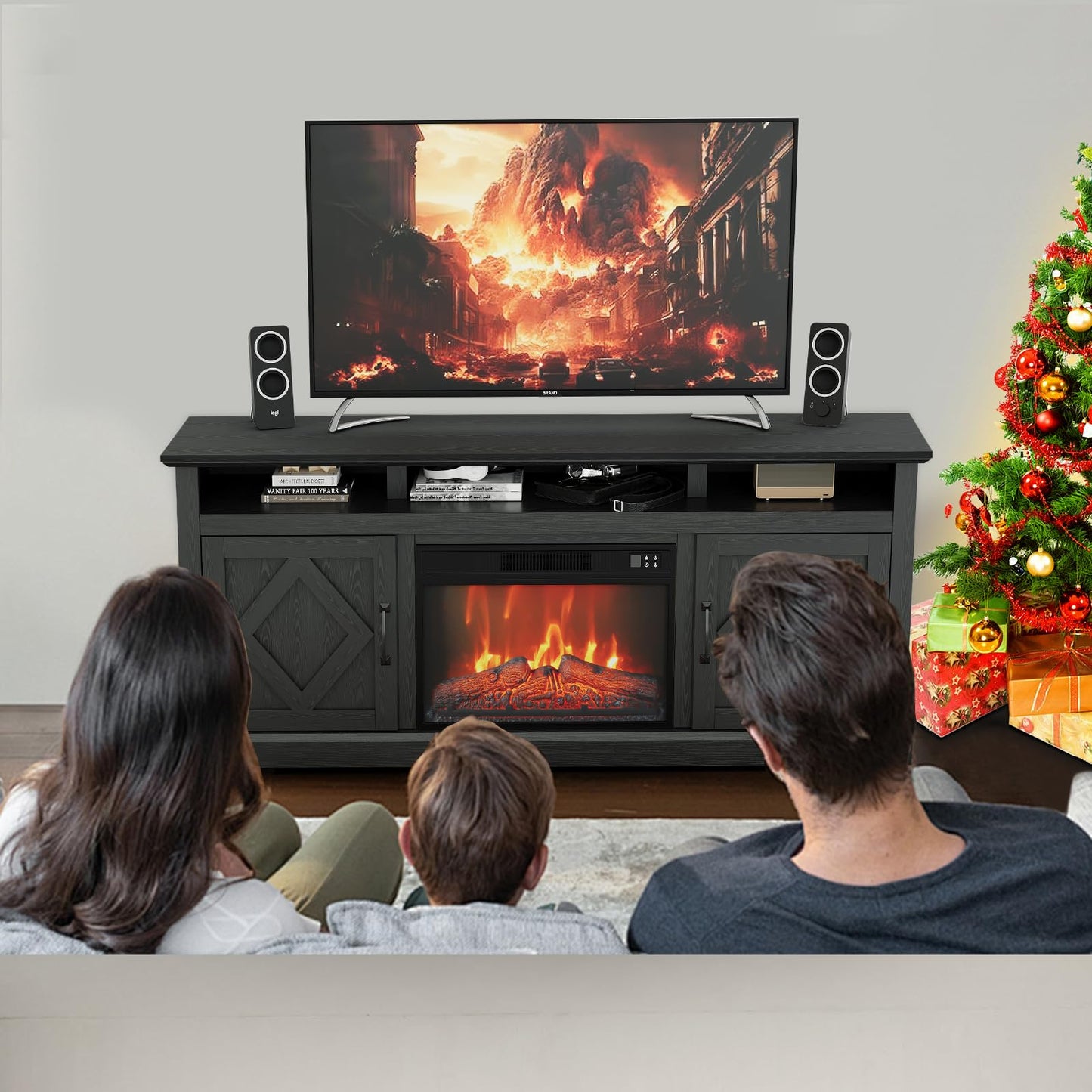 67" Electric Fireplace with Mantel and Cabinets, Stand for TVs up to 80" with 23" Electric Fireplace Remote Control for Living Room or Bedroom