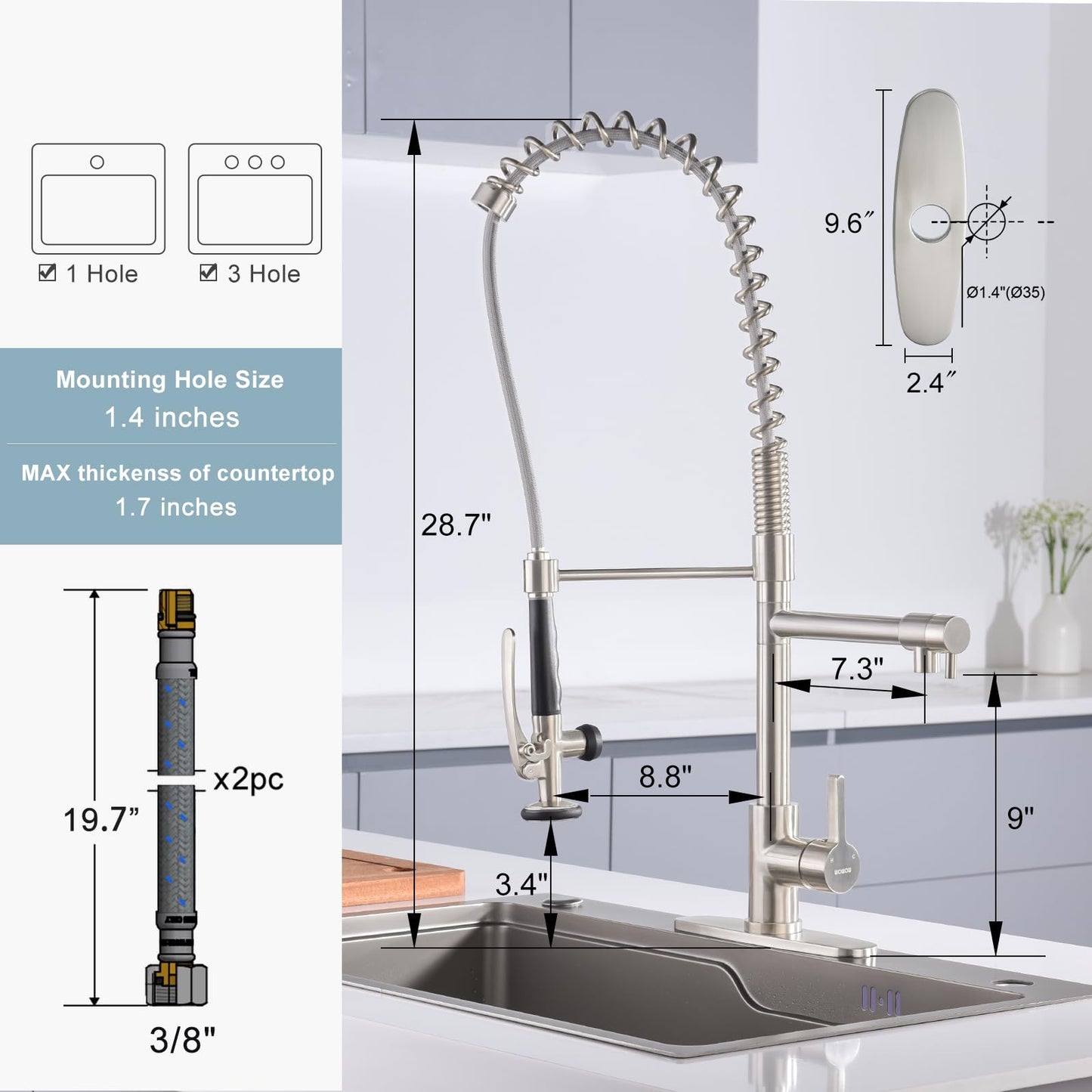 Commercial Kitchen Faucet Deck Mount with Pre-Rinse Sprayer, WOWOW 28" Height Solid Brass Commercial Kitchen Sink Faucet, Brushed Nickel Spring Kitchen Faucet 1 or 3 Hole