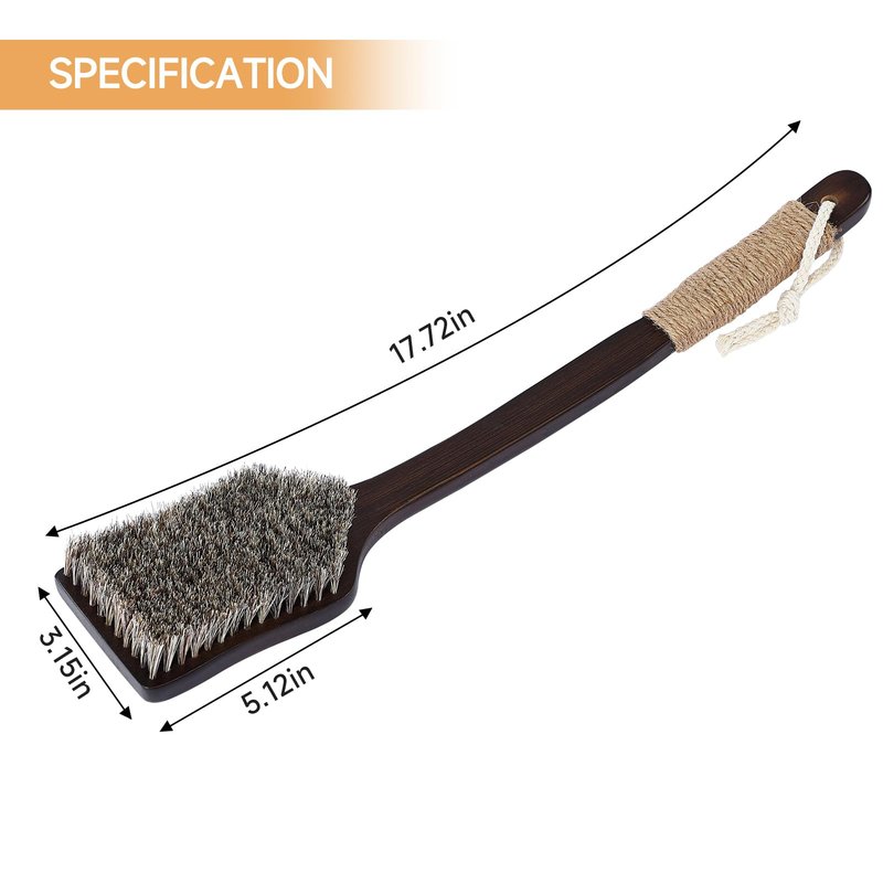 ENAMELEVO Back Scrubber Shower Brush,Dry Brushing Body Brush with 17.7 Inch Curved Long Handle, Natural Bristles for Lymphatic Drainage, Soft & Stiff Bristles Available (Soft-Fine Boar Bristles)