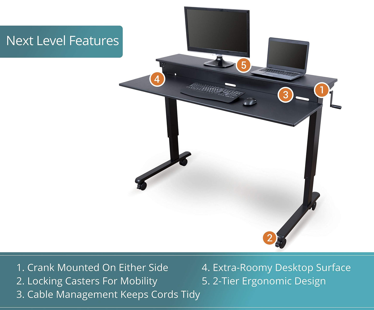 Stand Up Desk Store Crank Adjustable Two Tier Standing Desk with Heavy Duty Steel Frame (Black Frame/Black Top, 48" Wide)