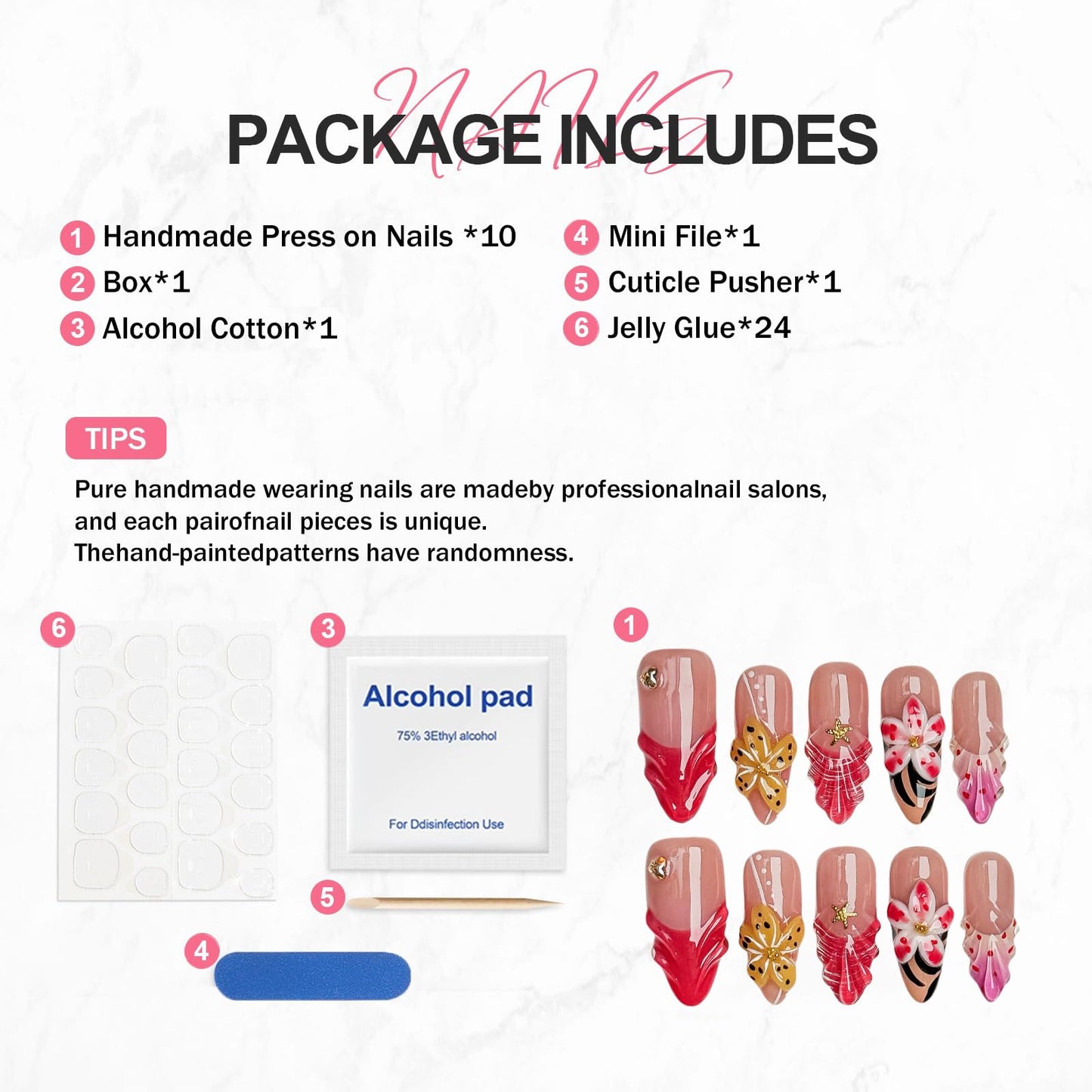 Flower Press on Nails Handmade Long Almond Muti-Layer Gel French Fake Nails 3D Waterdrop Pattern Floral Embossed Design Golden Stars and Hearts False Nails Luxury Acrylic Nail for Women (Size M)
