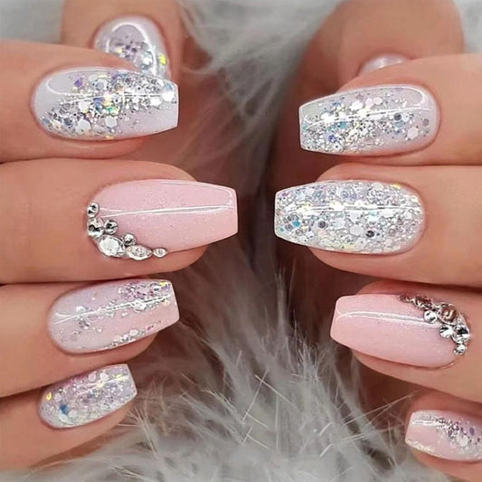 GXOIPNS Coffin Press-on Nails, 24 Pcs Short False Nails with Silver Glitter Designs, Rhinestones, White and Pink, Full Cover Acrylic Nails, Glossy, Reusable, Glue-on Nails for Women