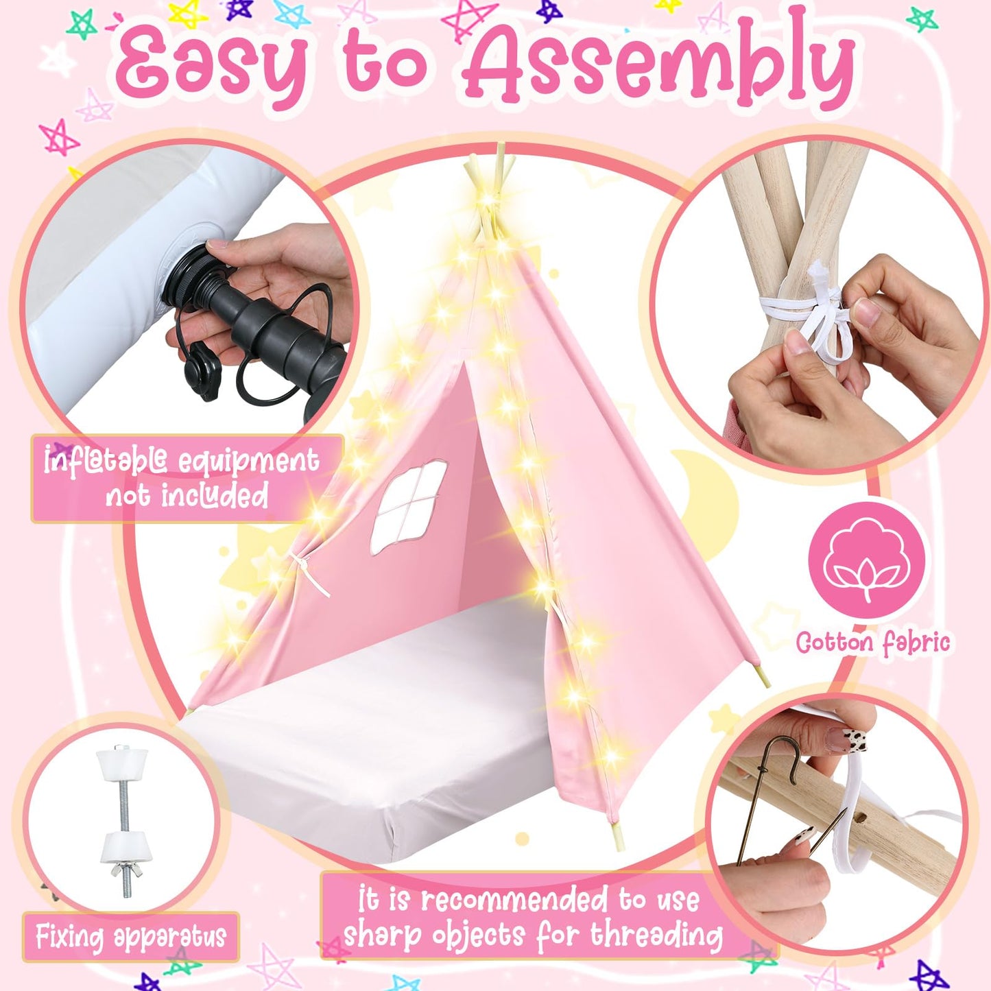Lemosae 6 Pack Sleepovers Teepee Tent for Kids Bulk with Mattress Sheet Light,Natural Cotton Washable Indoor Play Tent for Birthday Slumber Party Girls Boys Pajama Movie Night Supplies(Light Pink)