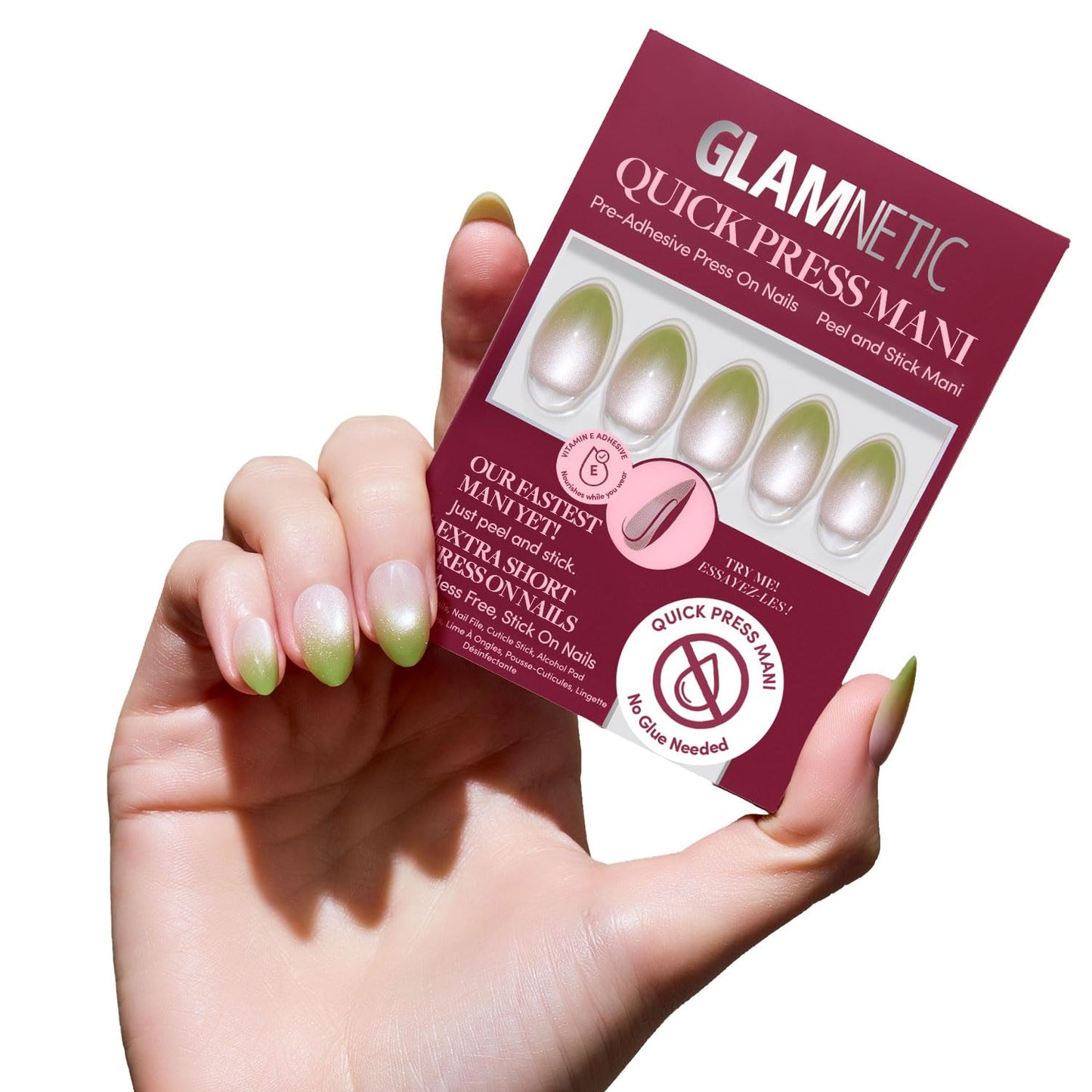 Glamnetic Quick Press Mani Bundle - No Glue Press On Nails, Just Peel and Stick | Lime Beam & Velvet French | Mess Free Salon Quality Stick On Nails | Almond & Round Extra Short Nails
