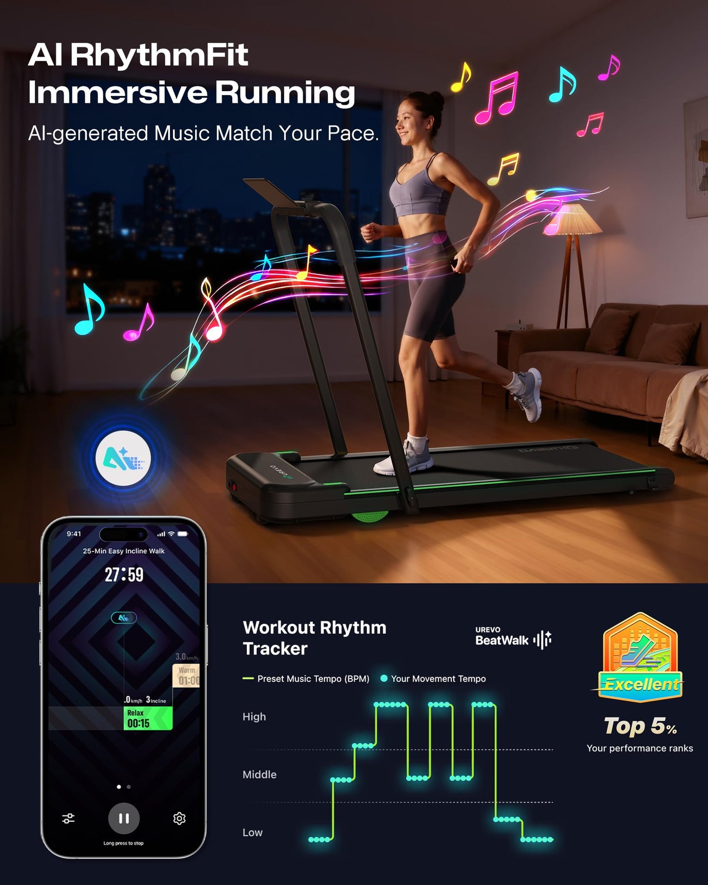 UREVO Strol 2E Smart 2-in-1 Folding Treadmill, Compact Walking Pad with Safety Handle, Plug and Play, Dual LED Display, Workout APP, Walking or Running for Home Office, Remote Included, Flaxen